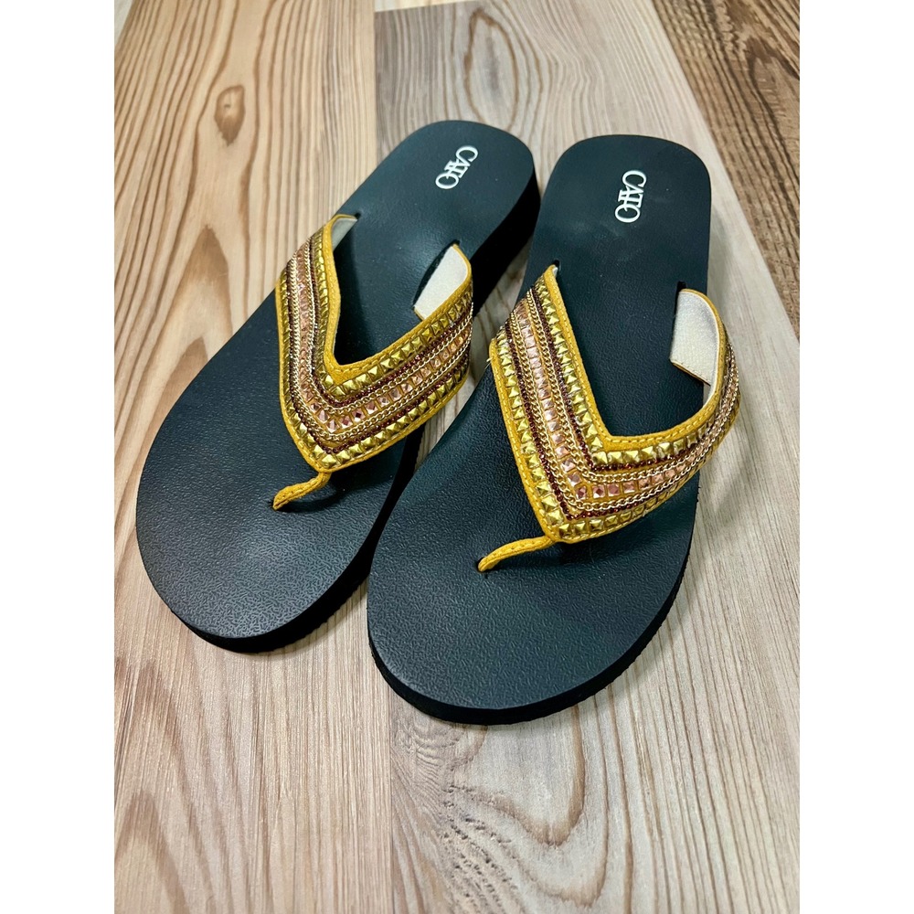NWT Cato  Wedge Flip Flops Tan Gold Boho Studded Rhinestone Sandals Size 9M